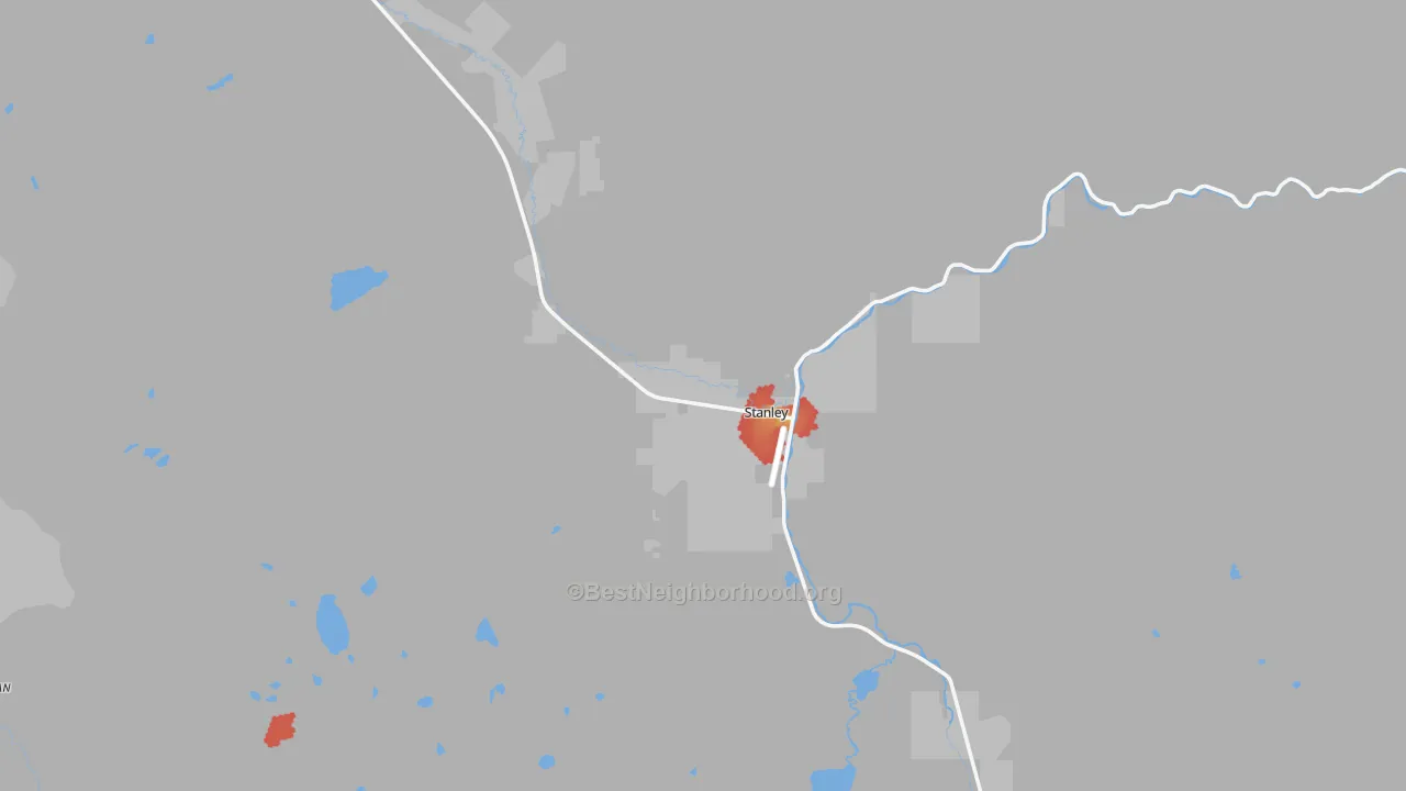Walk Grade map of Stanley, ID, walkable areas in green and car-dependent areas in red