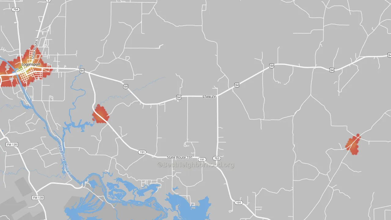 Walk Grade map of Stanley, LA, walkable areas in green and car-dependent areas in red