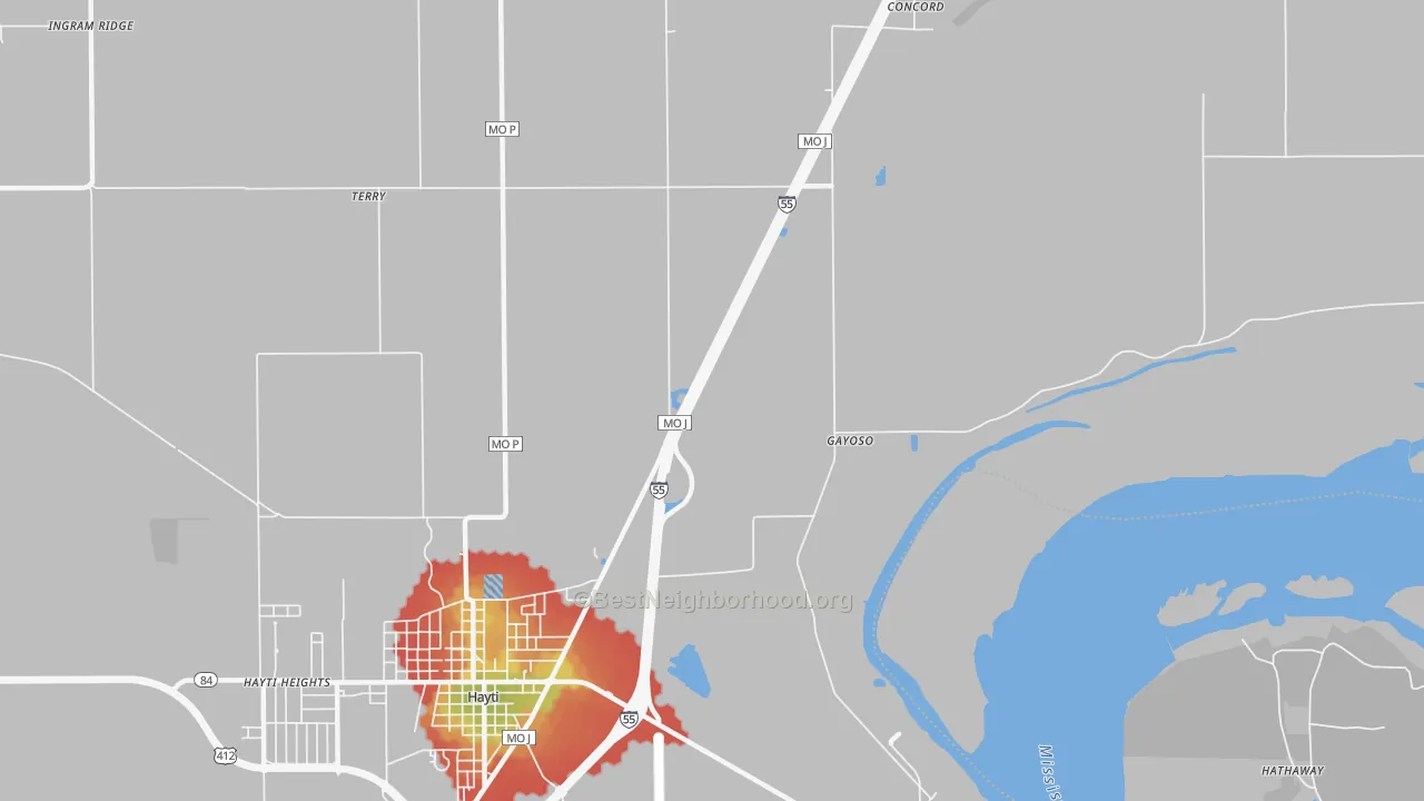 Walk Grade map of Stanley, MO, walkable areas in green and car-dependent areas in red