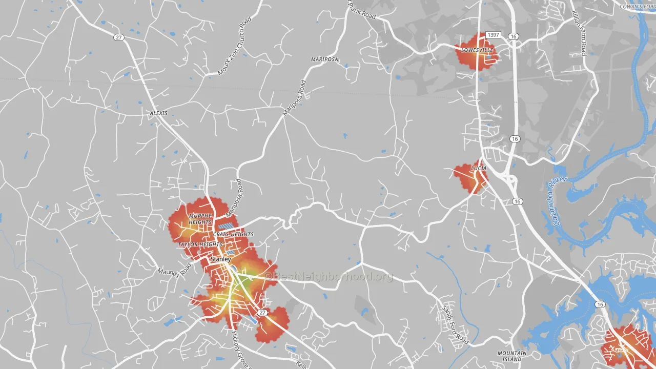 Walk Grade map of Stanley, NC, walkable areas in green and car-dependent areas in red
