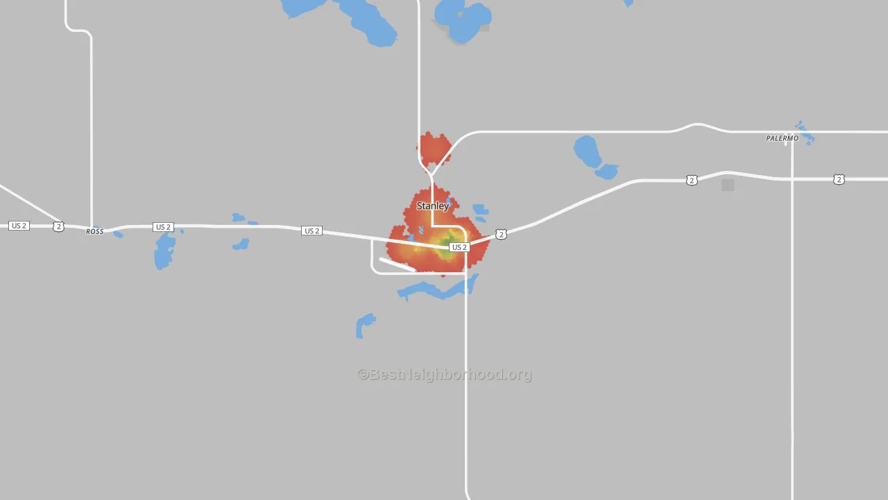 Walk Grade map of Stanley, ND, walkable areas in green and car-dependent areas in red