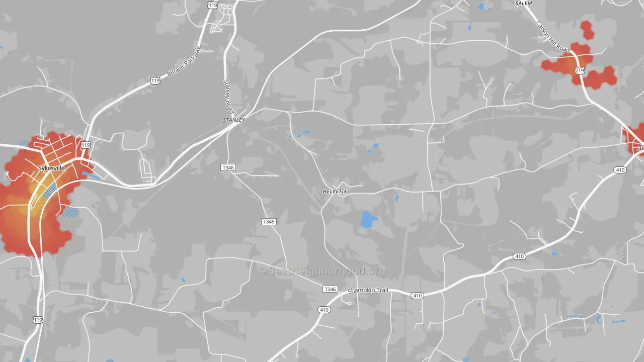 Walk Grade map of Stanley, PA, walkable areas in green and car-dependent areas in red