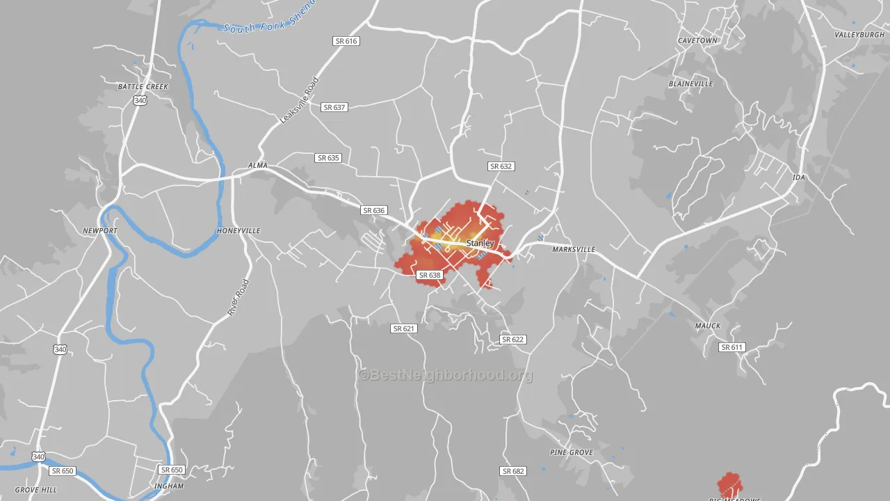 Walk Grade map of Stanley, VA, walkable areas in green and car-dependent areas in red