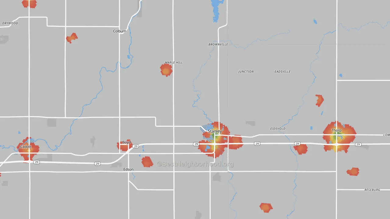 Walk Grade map of Stanley, WI, walkable areas in green and car-dependent areas in red