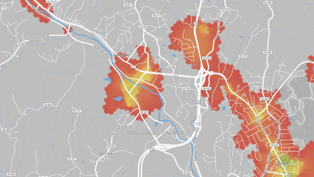 Walk Grade map of Stanleytown, VA, walkable areas in green and car-dependent areas in red
