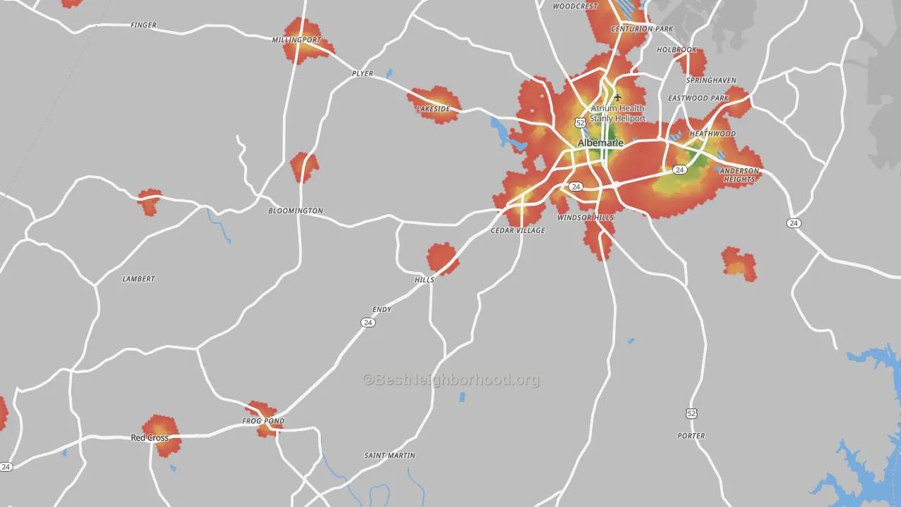 Walk Grade map of Stanly County, NC, walkable areas in green and car-dependent areas in red