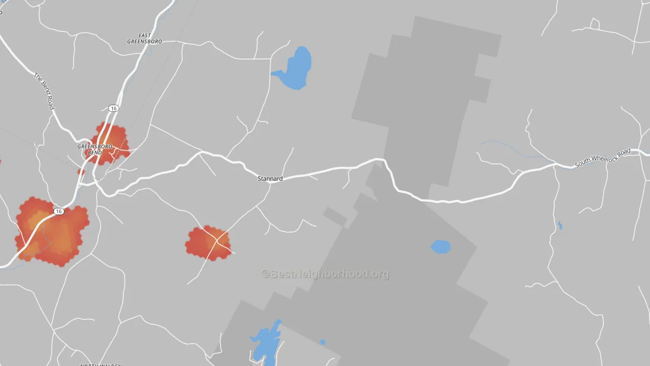 Walk Grade map of Stannard, VT, walkable areas in green and car-dependent areas in red