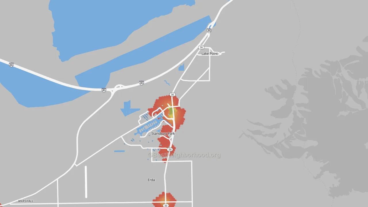 Walk Grade map of Stansbury Park, UT, walkable areas in green and car-dependent areas in red
