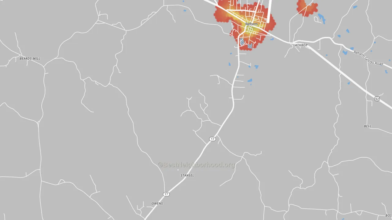 Walk Grade map of Stansel, AL, walkable areas in green and car-dependent areas in red