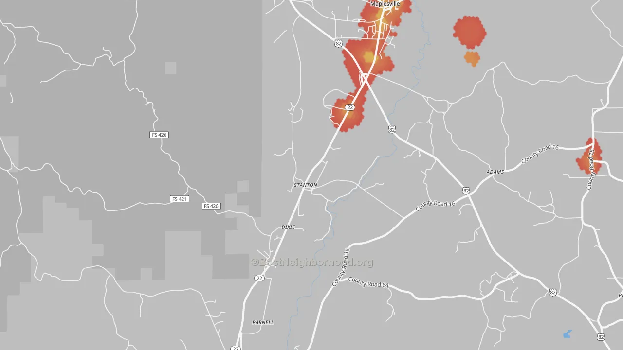 Walk Grade map of Stanton, AL, walkable areas in green and car-dependent areas in red