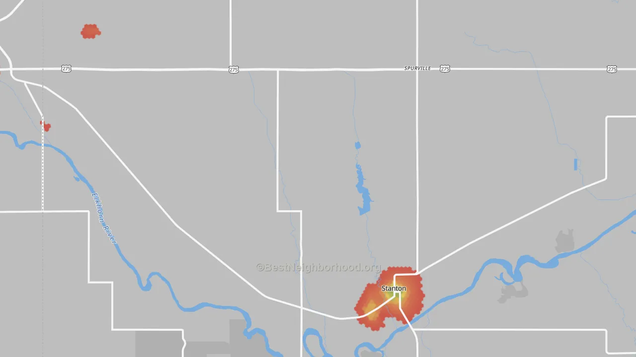 Walk Grade map of Stanton County, NE, walkable areas in green and car-dependent areas in red