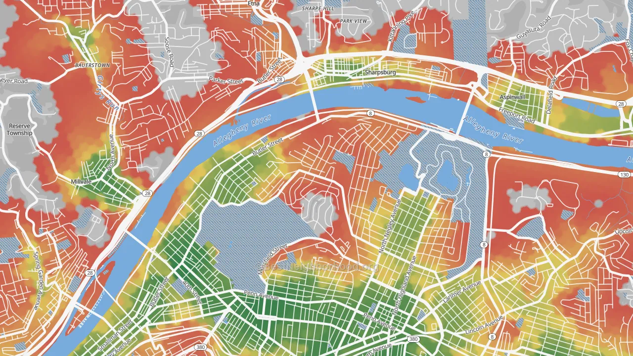 Walk Grade map of Stanton Heights, Pittsburgh, PA, walkable areas in green and car-dependent areas in red