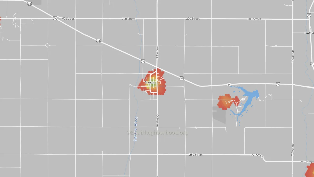 Walk Grade map of Stanton, IA, walkable areas in green and car-dependent areas in red
