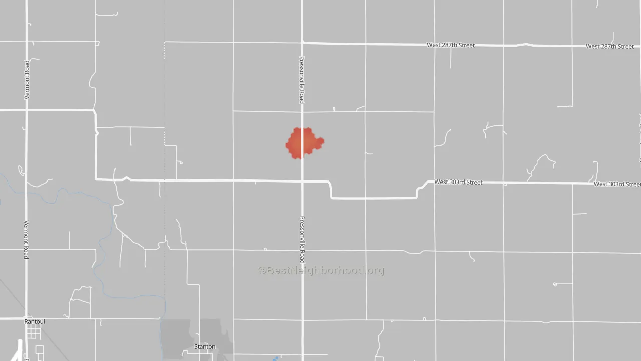 Walk Grade map of Stanton, KS, walkable areas in green and car-dependent areas in red