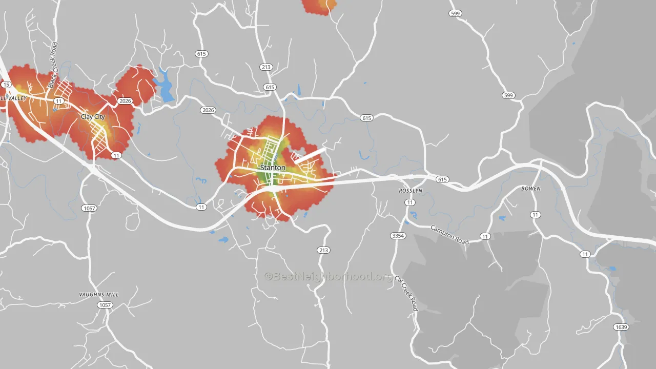 Walk Grade map of Stanton, KY, walkable areas in green and car-dependent areas in red