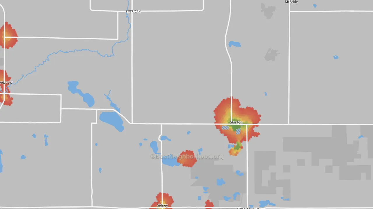 Walk Grade map of Stanton, MI, walkable areas in green and car-dependent areas in red