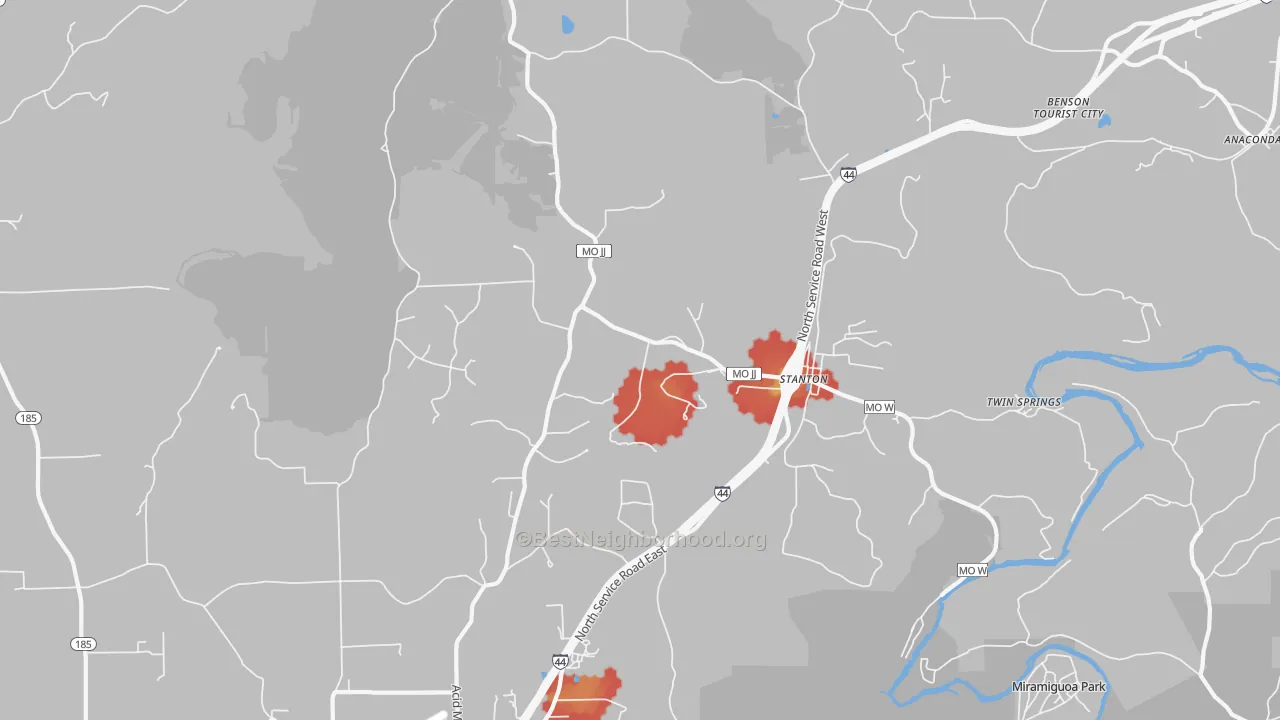 Walk Grade map of Stanton, MO, walkable areas in green and car-dependent areas in red
