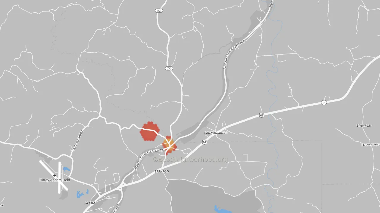 Walk Grade map of Stanton, MS, walkable areas in green and car-dependent areas in red