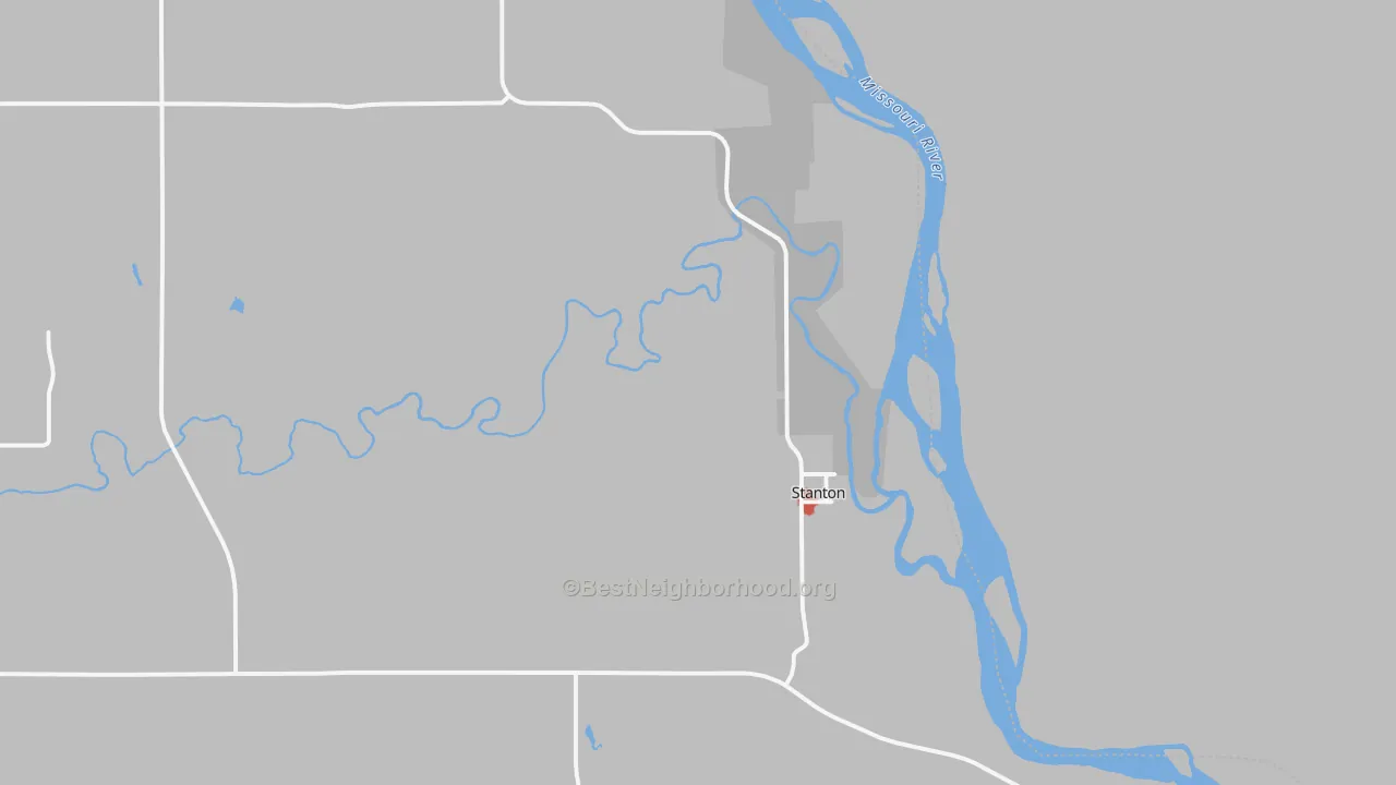 Walk Grade map of Stanton, ND, walkable areas in green and car-dependent areas in red