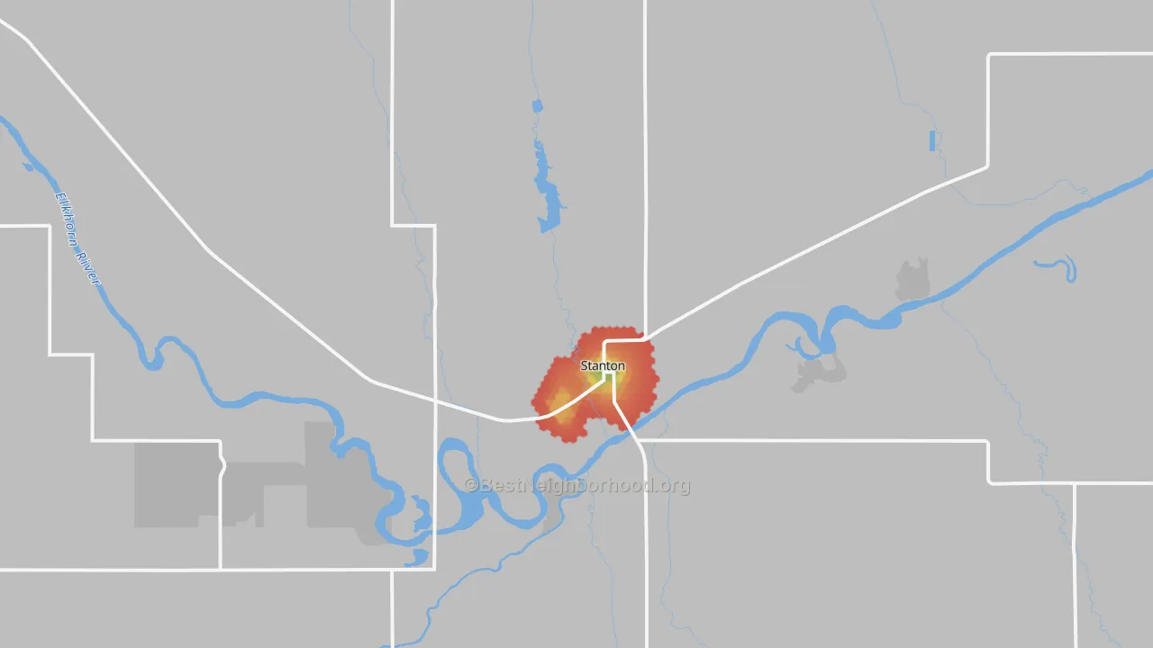 Walk Grade map of Stanton, NE, walkable areas in green and car-dependent areas in red