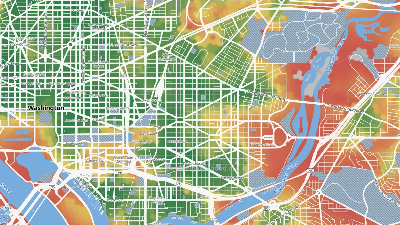 Walk Grade map of Stanton Park, Washington, DC, walkable areas in green and car-dependent areas in red