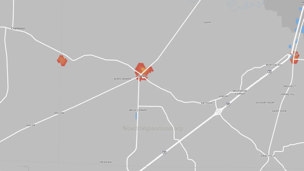 Walk Grade map of Stanton, TN, walkable areas in green and car-dependent areas in red