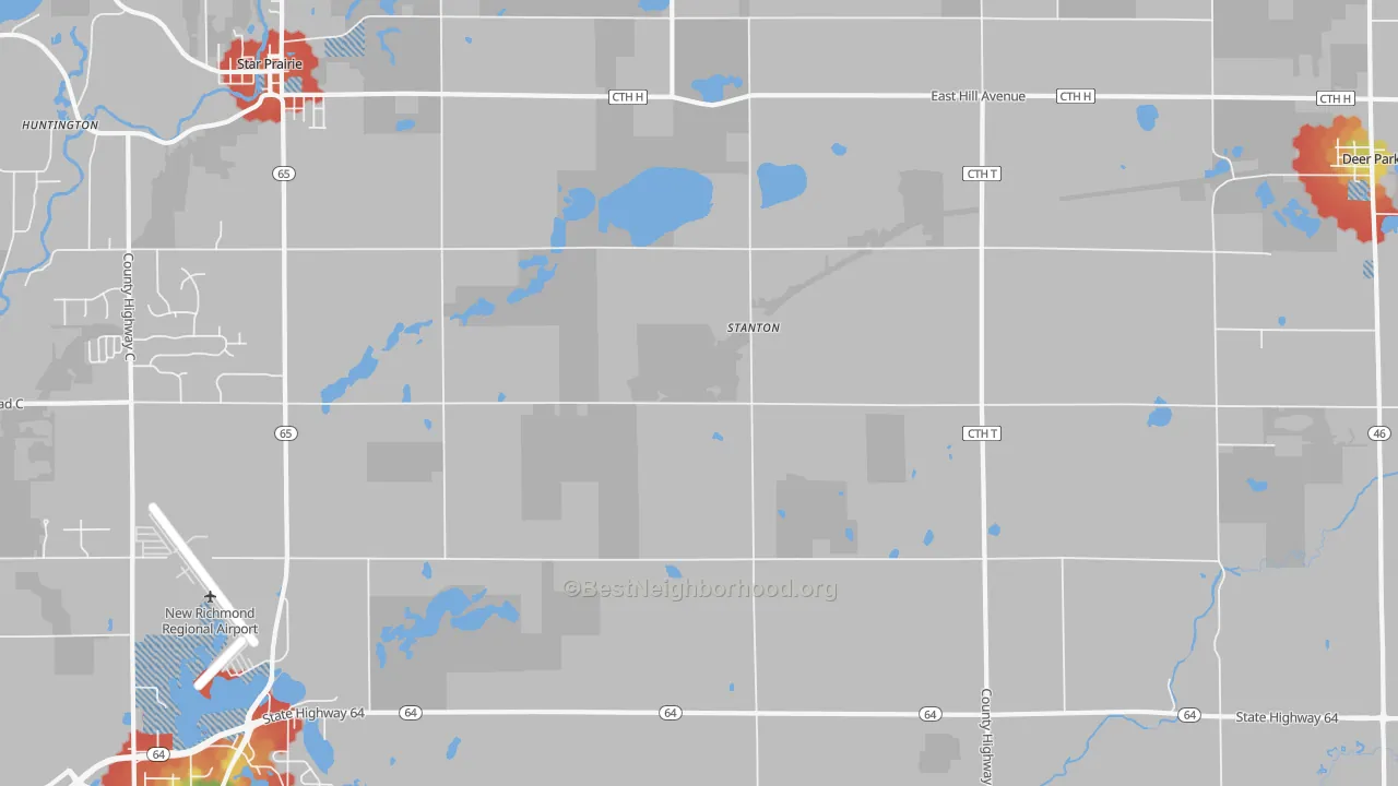 Walk Grade map of Stanton, WI, walkable areas in green and car-dependent areas in red