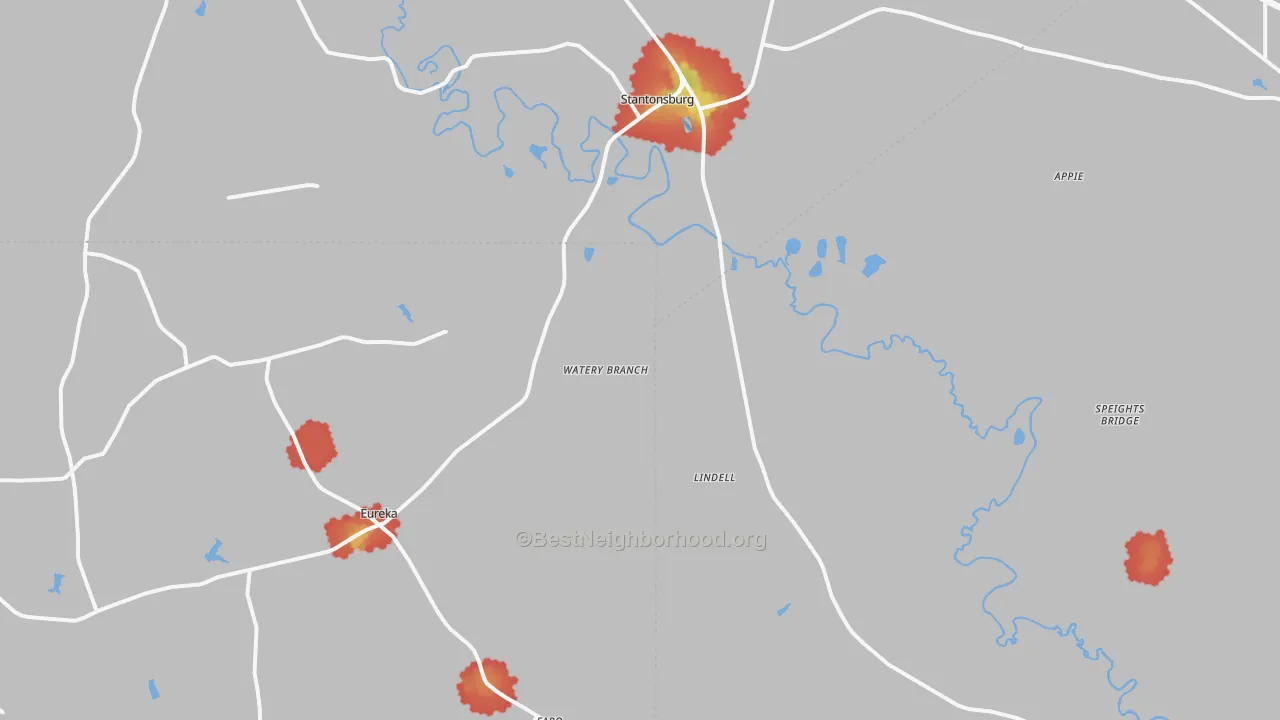 Walk Grade map of Stantonsburg, NC, walkable areas in green and car-dependent areas in red