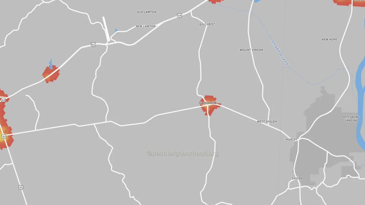 Walk Grade map of Stantonville, TN, walkable areas in green and car-dependent areas in red
