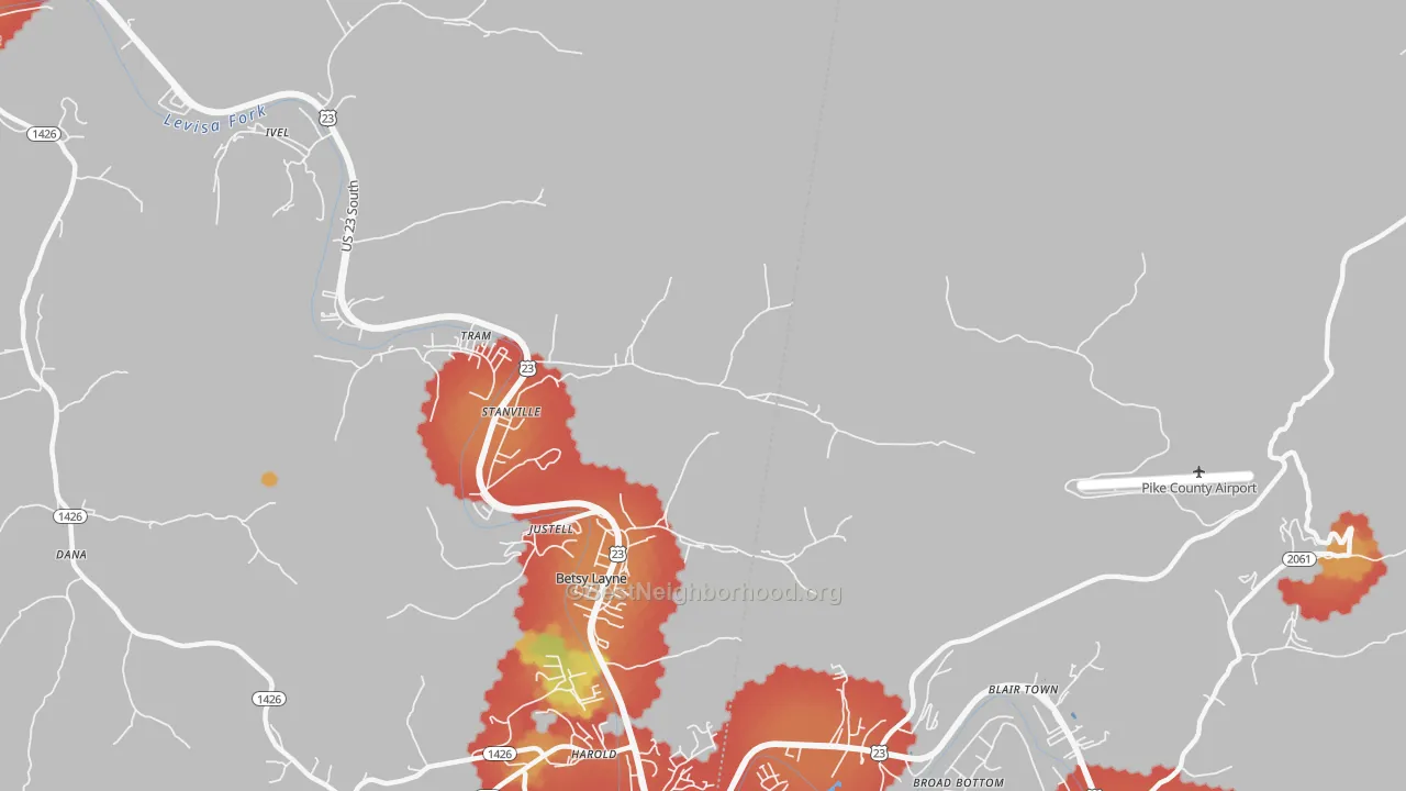 Walk Grade map of Stanville, KY, walkable areas in green and car-dependent areas in red