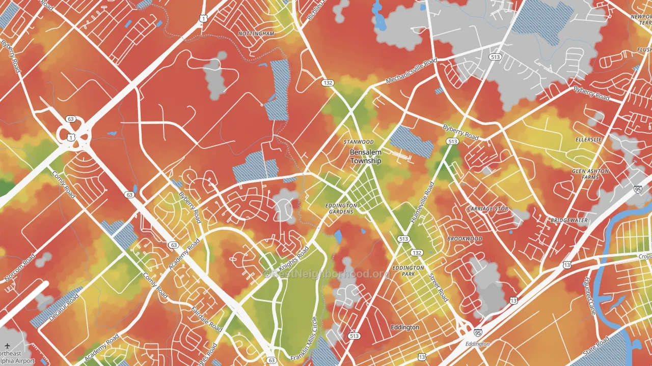 Walk Grade map of Stanwood, Bensalem, PA, walkable areas in green and car-dependent areas in red