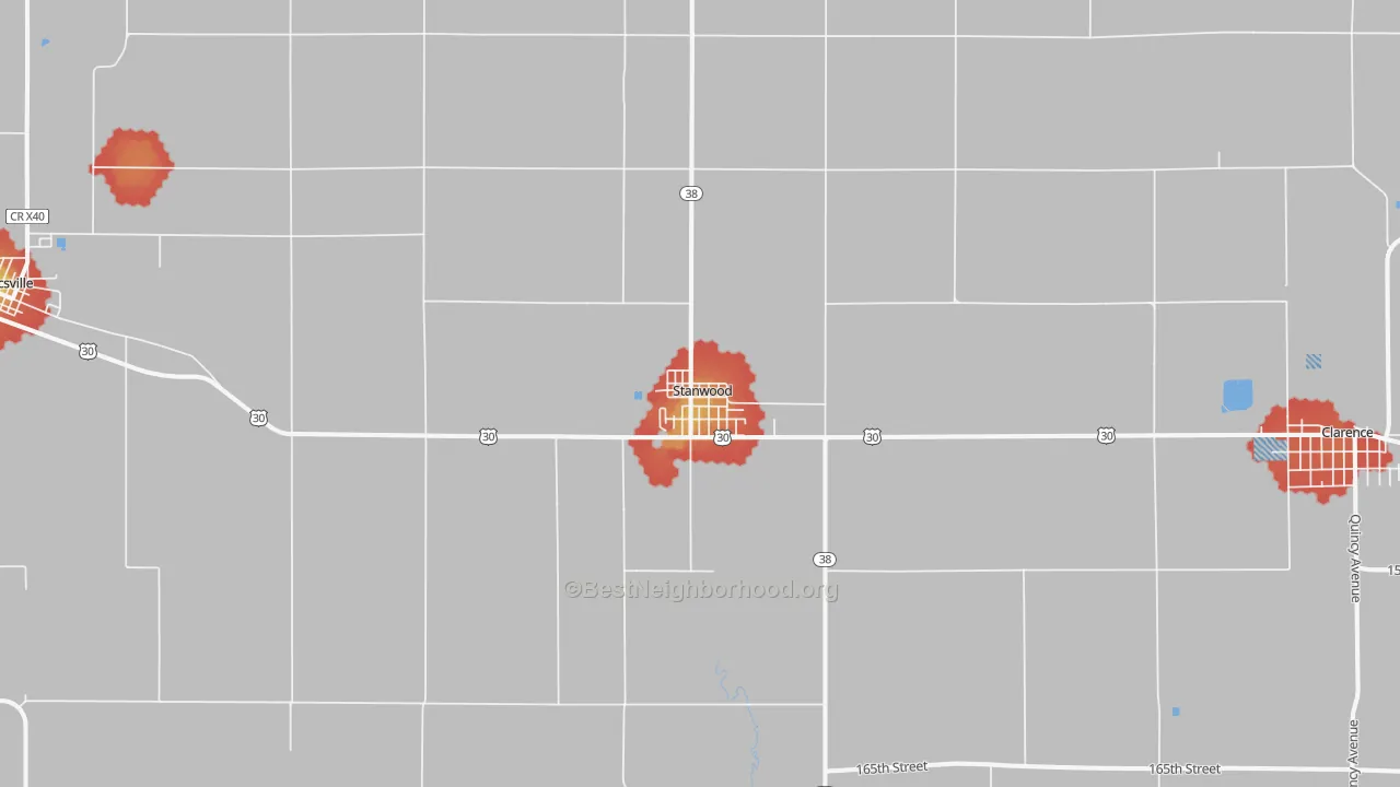 Walk Grade map of Stanwood, IA, walkable areas in green and car-dependent areas in red