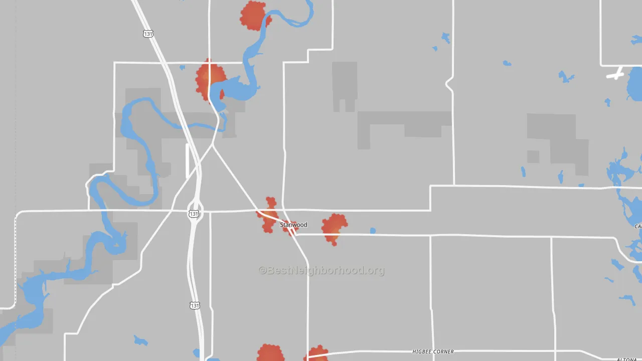 Walk Grade map of Stanwood, MI, walkable areas in green and car-dependent areas in red