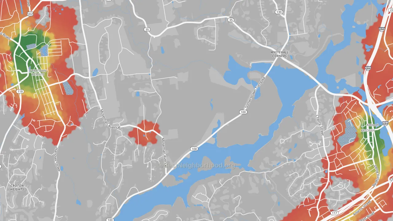 Walk Grade map of Stanwood, NY, walkable areas in green and car-dependent areas in red