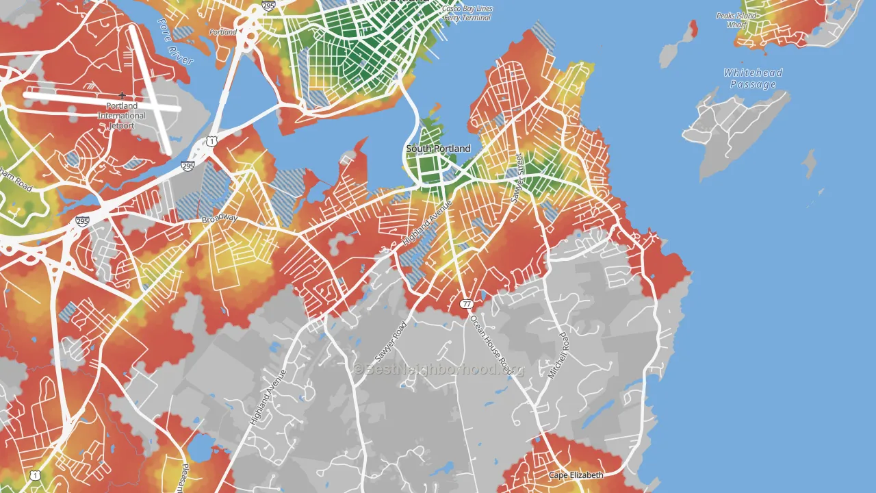 Walk Grade map of Stanwood Park, South Portland, ME, walkable areas in green and car-dependent areas in red