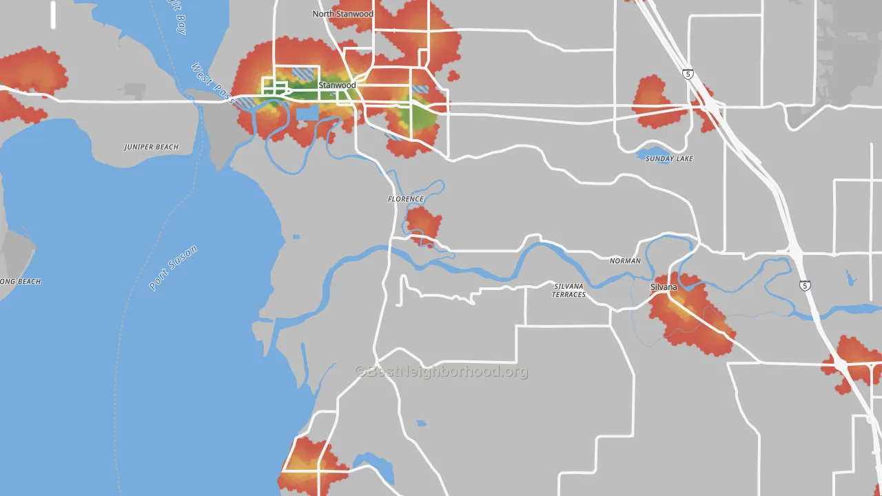 Walk Grade map of Stanwood, WA, walkable areas in green and car-dependent areas in red