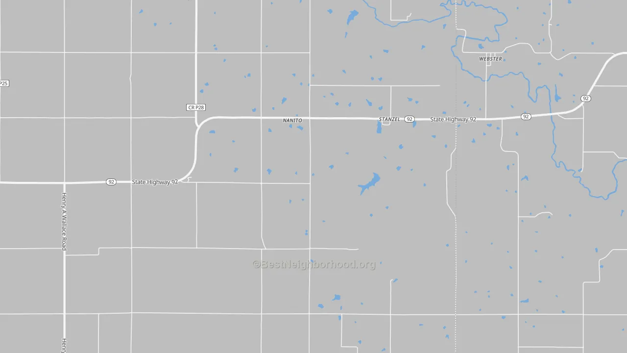 Walk Grade map of Stanzel, IA, walkable areas in green and car-dependent areas in red
