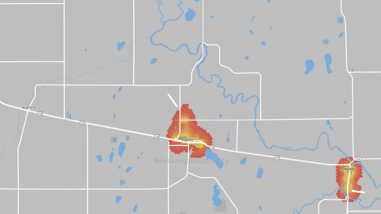 Walk Grade map of Staples, MN, walkable areas in green and car-dependent areas in red