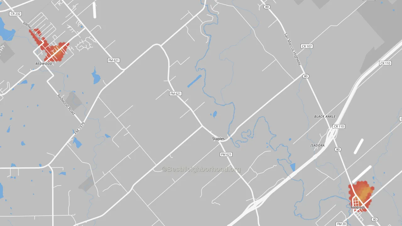 Walk Grade map of Staples, TX, walkable areas in green and car-dependent areas in red