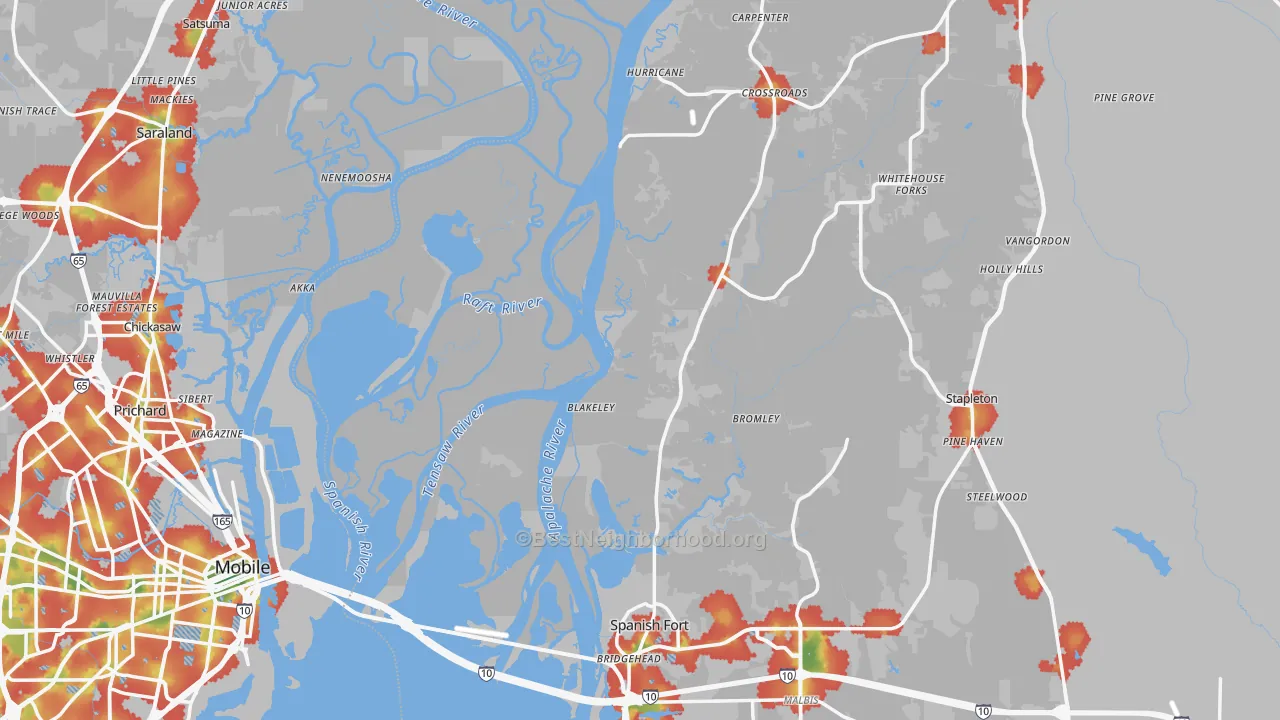 Walk Grade map of Stapleton, AL, walkable areas in green and car-dependent areas in red
