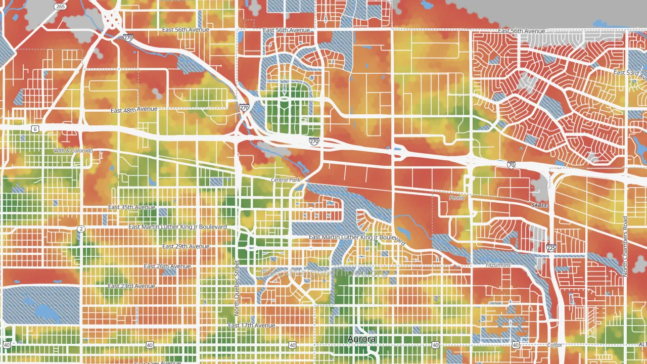 Walk Grade map of Stapleton, Denver, CO, walkable areas in green and car-dependent areas in red
