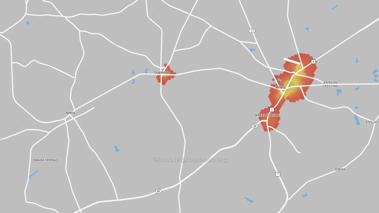 Walk Grade map of Stapleton, GA, walkable areas in green and car-dependent areas in red