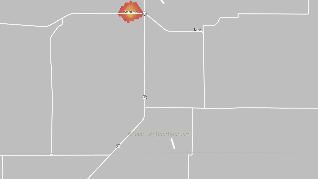 Walk Grade map of Stapleton, NE, walkable areas in green and car-dependent areas in red
