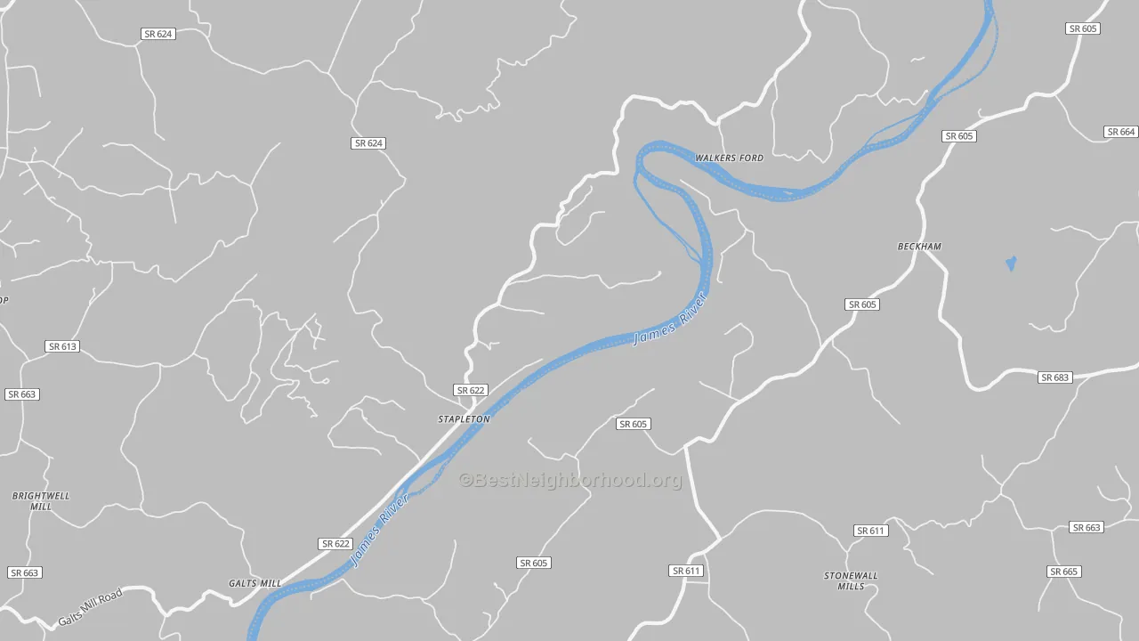 Walk Grade map of Stapleton, VA, walkable areas in green and car-dependent areas in red