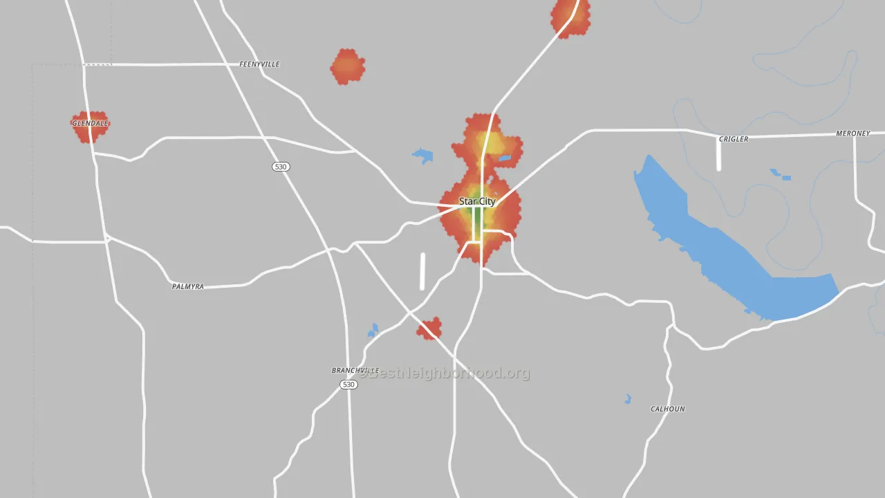 Walk Grade map of Star City, AR, walkable areas in green and car-dependent areas in red