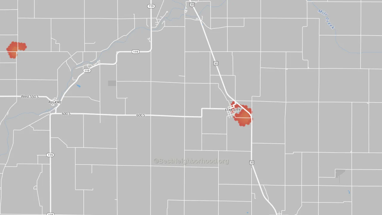 Walk Grade map of Star City, IN, walkable areas in green and car-dependent areas in red