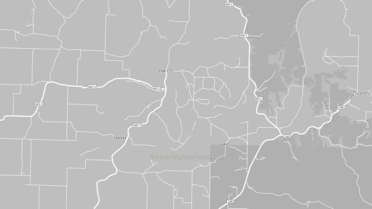 Walk Grade map of Star City, MO, walkable areas in green and car-dependent areas in red