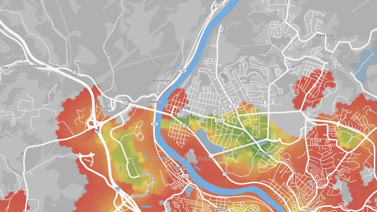 Walk Grade map of Star City, WV, walkable areas in green and car-dependent areas in red