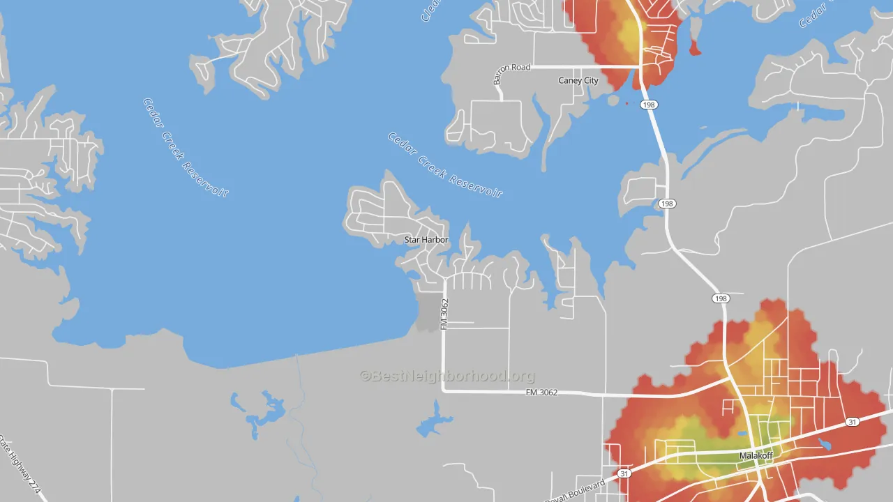 Walk Grade map of Star Harbor, TX, walkable areas in green and car-dependent areas in red