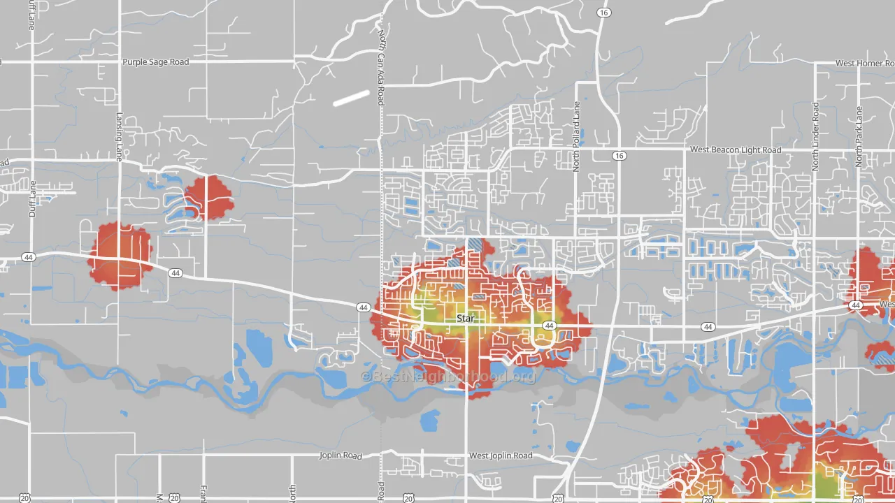 Walk Grade map of Star, ID, walkable areas in green and car-dependent areas in red